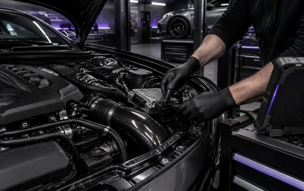 Technician connecting professional diagnostic equipment to a performance engine